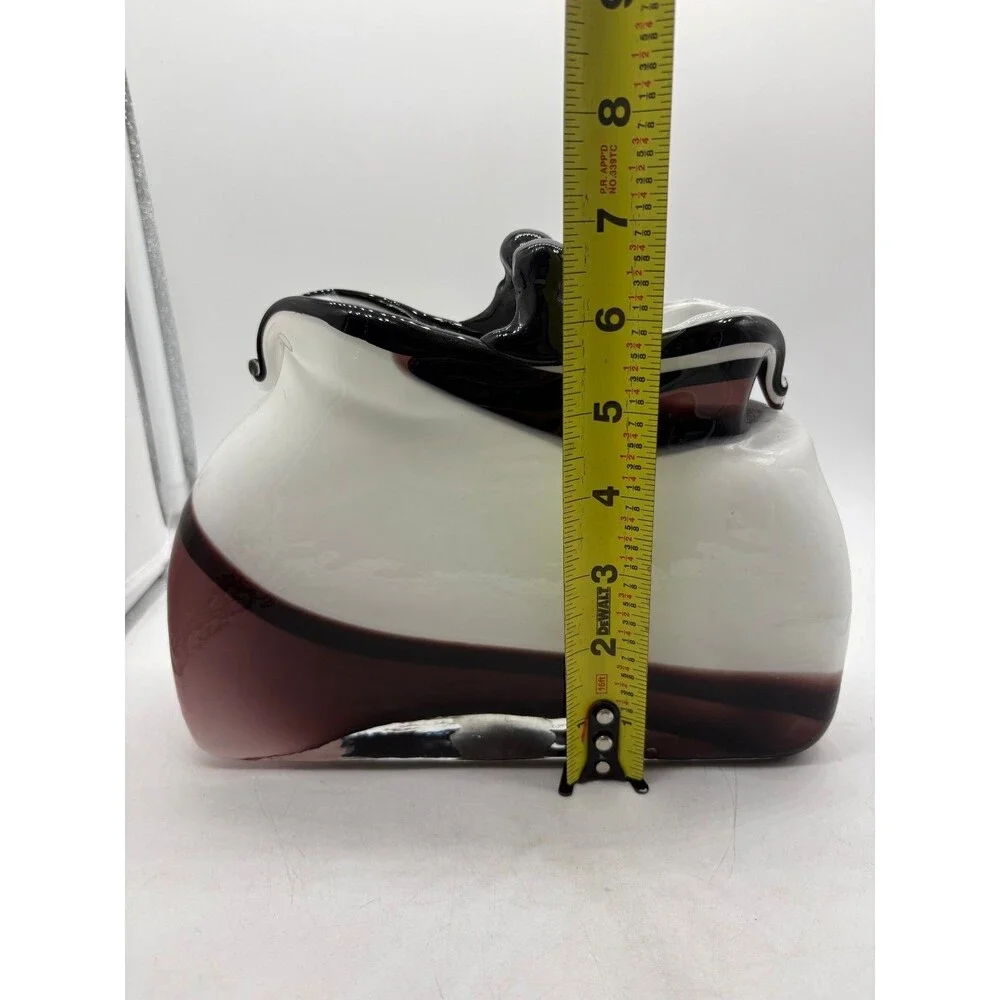 Vintage Murano Style Art Glass Vase White Burgundy Black Hand Blown Purse Pocket